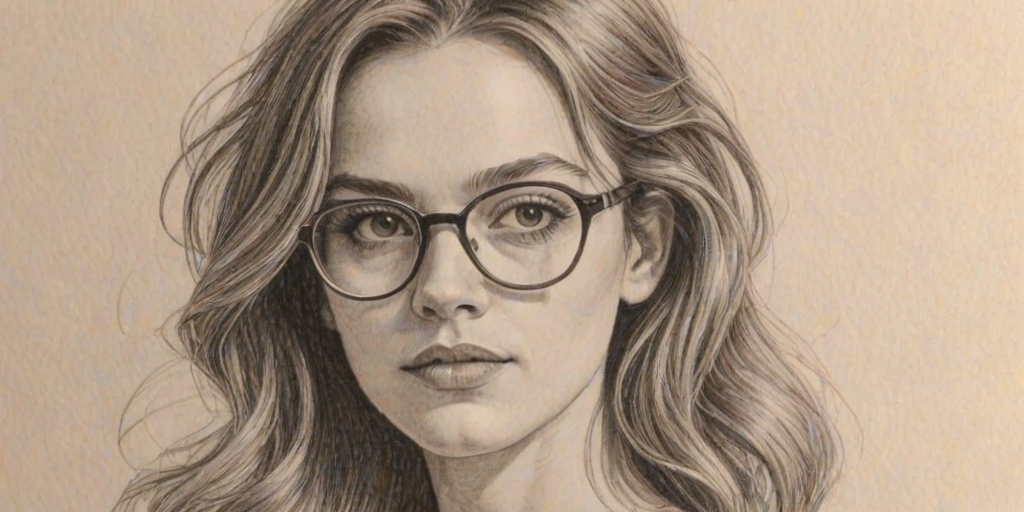 Bewitching Victoria Pedretti, pencil sketch, portrait of Fetching woman 1977s in glasses, hair style beatnik, outline, clear lines, fine lines, 8k