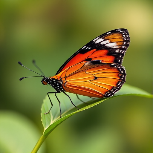 Generate an image of a butterfly perched on a green leaf, showcasing vibrant orange and black wings with distinctive white patterns. The background should be softly blurred to emphasize the butterfly and its details.