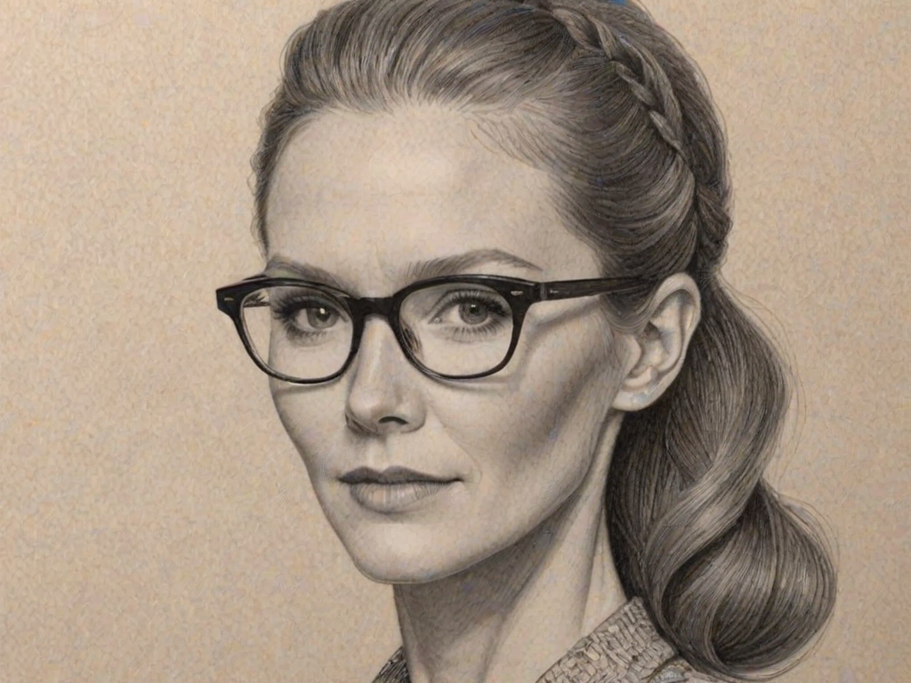 Ravishing Darby Stanchfield, pencil sketch, portrait of Fascinating woman 1933s in glasses, hair style beatnik, outline, clear lines, fine lines, 8k