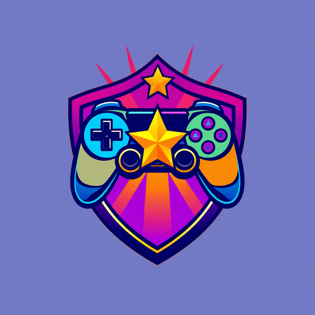 Create a vibrant logo design featuring a gaming controller and star within a shield, use bright colors like blue, orange, and purple for a modern look, set in a digital art style, high resolution, 300 DPI, use a Canon EOS R5, f/4 aperture, ISO 100, 50mm lens for sharp details and vivid colors.