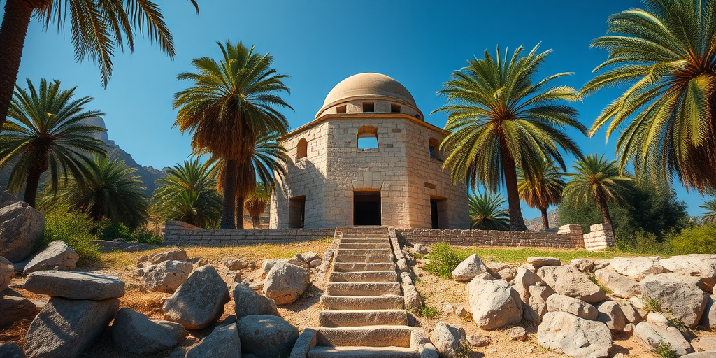 Capture an image of an ancient stone structure with a dome surrounded by palm trees and rocky terrain, using a Canon EOS R5 camera, 24mm lens, f/8 aperture, ISO 100, and a bright daylight setting, low angle view for enhanced depth.