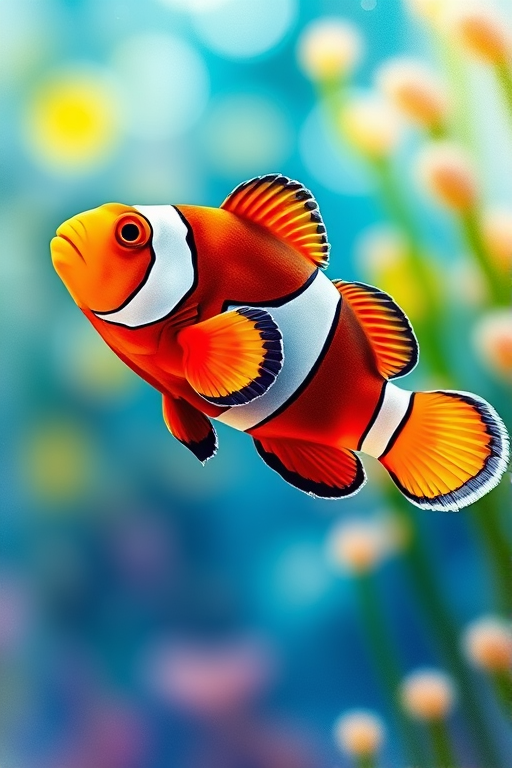 Create a vibrant watercolor illustration of a clownfish swimming, use a Canon EOS 5D Mark IV camera with a 50mm f/1.8 lens, set aperture to f/2.8 for soft background blur, shutter speed at 1/250s to freeze motion, and ISO set to 200 for optimal clarity, view from a slightly elevated angle to capture the fish in detail.