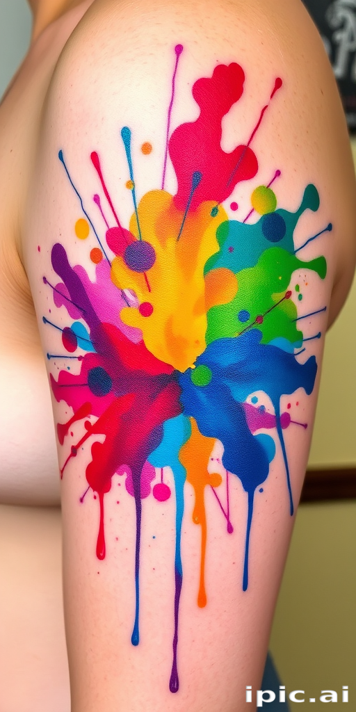 Watercolor splash tattoo titled "Chromatic Explosion" featuring vibrant paint splatters and drips in a rainbow of colors, creating an abstract and energetic design