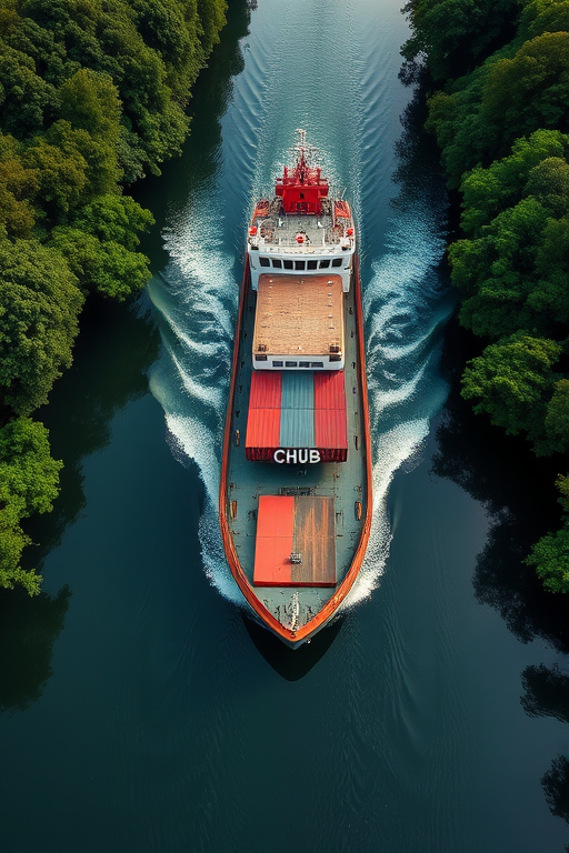 Capture a high-resolution image of a cargo boat named "CHUB" navigating a serene river surrounded by lush green foliage, shot from a bird's eye view with a 24mm lens, aperture f/8, shutter speed 1/250 sec, ISO 100, using a DSLR camera in landscape orientation for enhanced clarity and detail.