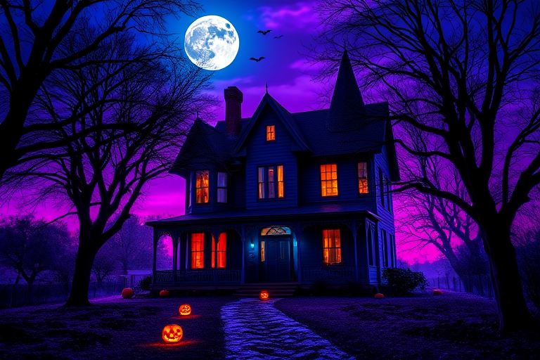 haunted house at night with vibrant purple and blue hues, full moon and bats in the sky, spooky trees framing the scene, pumpkins glowing on the path, DSLR camera, f/2.8 aperture, 24mm lens, ISO 100, long exposure for enhanced detail and saturation, HDR style for depth and vibrancy