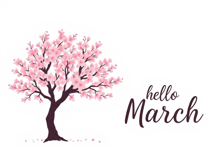 Create a minimalist illustration featuring a pink cherry blossom tree with a white background, accompanied by the text "Hello March" in a stylish font.