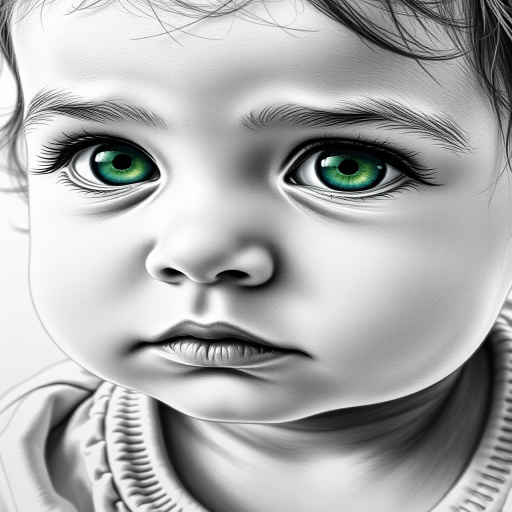 A hyperdetailed photorealistic black and white sketch of a beautiful toddler with deep green eyes, with a macro focus