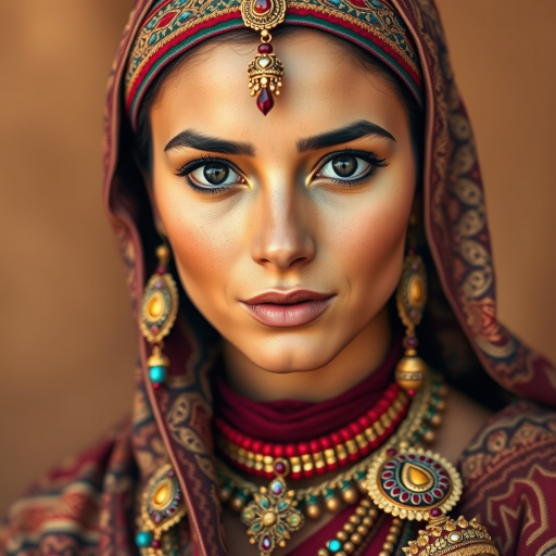 Create a portrait of a beautiful Sahrawi woman with striking black eyes and a gentle expression. She is adorned in traditional attire with intricate patterns, including a richly embroidered headscarf and matching garments. Her jewelry includes a delicate headpiece, dangling earrings, and ornate bracelets, all featuring vibrant gemstones and detailed metalwork. The background is soft and warm, enhancing the rich colors of her outfit and jewelry.