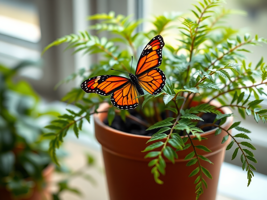 Create a high-resolution digital illustration of a potted fern with a butterfly perched on a leaf, using aCanon EOS R5 at f/2.8, ISO 100, 1/250s, with a soft-focus background and natural light.