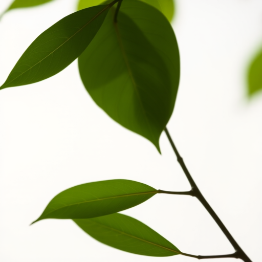 Create a high-quality image of a minimalist green leaf branch on a transparent background using a DSLR camera, 50mm lens, ISO 100, f/2.8 aperture, 1/200 sec shutter speed, soft natural lighting, and a shallow depth of field for enhanced clarity.
