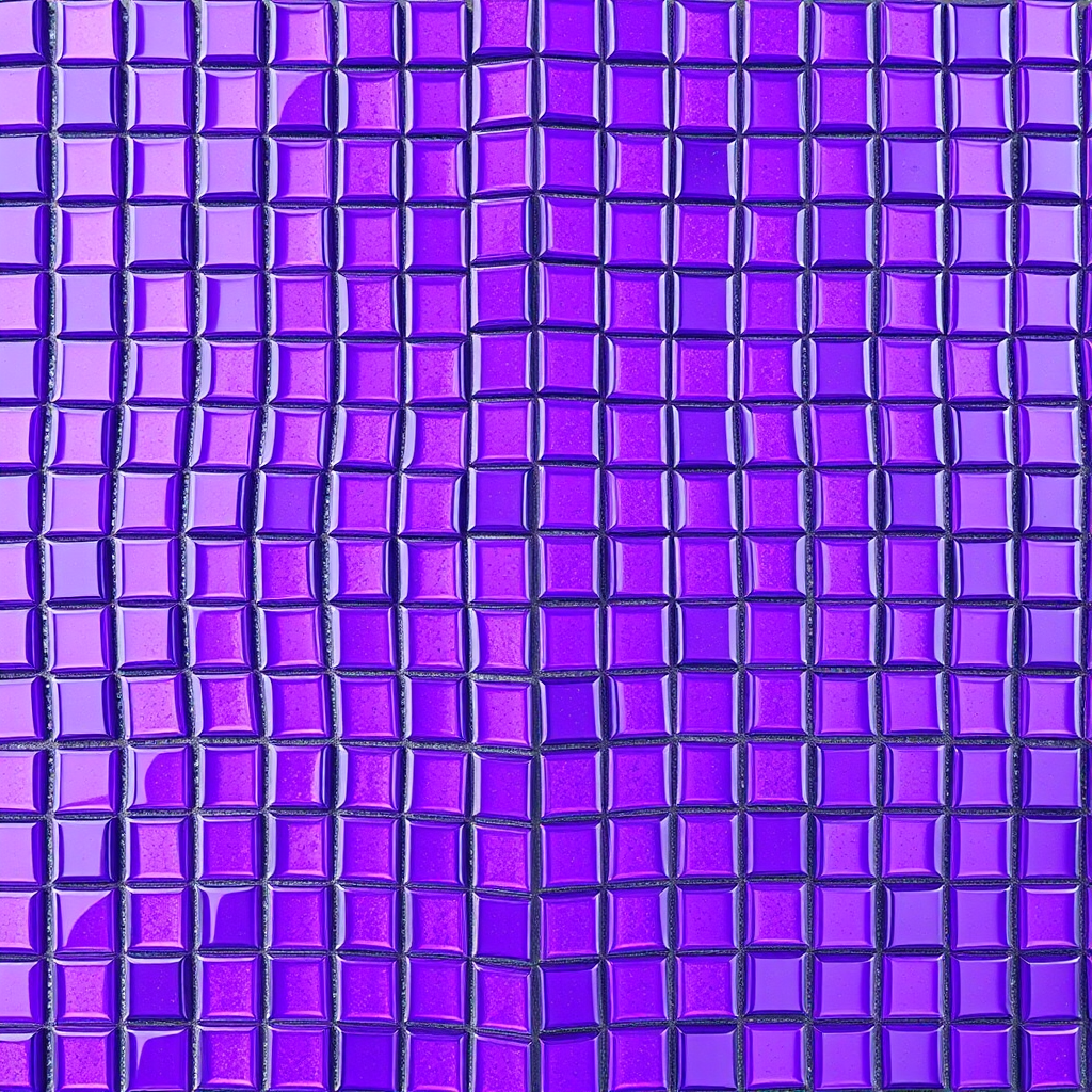 Generate a high-resolution image of a shimmering purple mosaic pattern with glossy, reflective tiles arranged in a swirling design, taken with a DSLR camera at 50mm focal length, f/1.8 aperture, ISO 100, using a shallow depth of field and top-down view for enhanced texture.