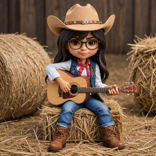 A chibi mia khalifa, dressed as a cowboy, playing guitar, sitting on a hay bale