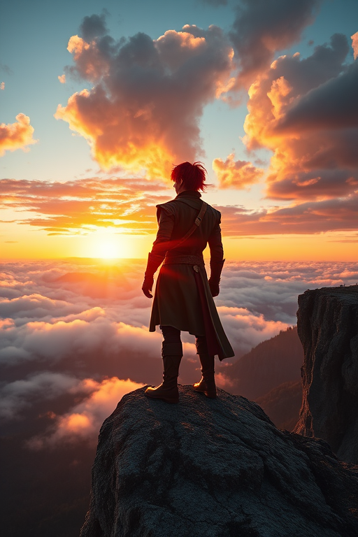 Create an image of a heroic character with red hair standing on a cliff, gazing at a breathtaking landscape filled with clouds and a distant mountain peak under a vibrant sunset, shot with a Canon EOS R5 at f/1.8, ISO 100, and a 24mm lens to enhance depth and detail.