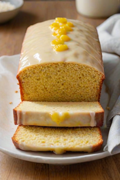 Create an image of a freshly baked yellow cake loaf with a glossy glaze on top. The loaf should be sliced to reveal its moist interior, and there should be passionfruit seeds scattered around. The setting should be simple, with the loaf placed on white parchment paper and a light background.