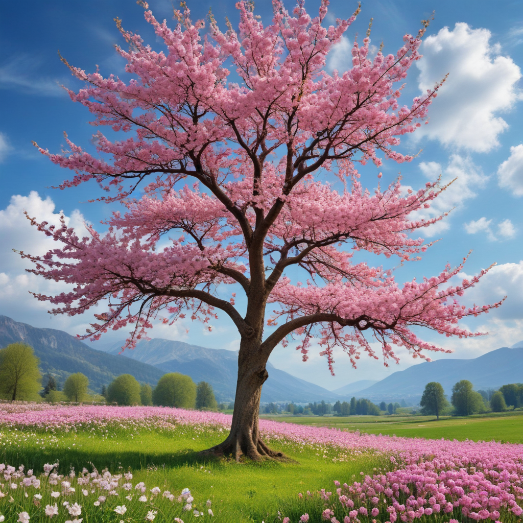 A Serene Landscape Featuring a Blossom-Laden Tree Under a Clear Sky