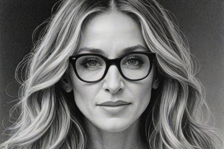 Delightful Sarah Jessica Parker, pencil sketch, portrait of Ravishing woman 1961s in glasses, hair style beatnik, outline, clear lines, fine lines, 8k