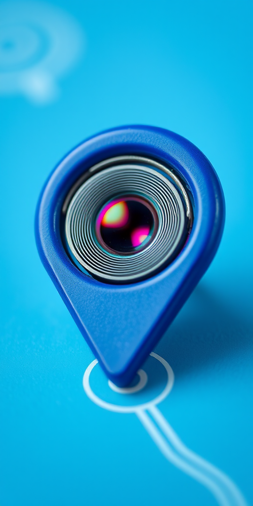 Create a high-resolution image of a blue location pin with a camera lens design, shot with a DSLR camera at f/2.8 aperture, ISO 100, 50mm lens, in macro view with soft lighting for enhanced detail and clarity.