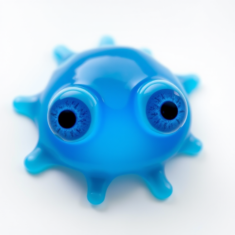 Create a vibrant blue gelatinous blob with large, expressive blue eyes on a white background, captured with a Canon EOS 5D Mark IV at f/8, ISO 100, 1/125s, using a close-up macro lens for enhanced detail and clarity.