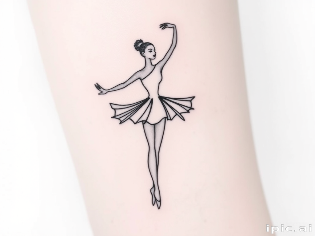 Minimalist line art tattoo "Whispered Silhouette" depicting a graceful ballerina in continuous single-line black ink, with subtle shading and negative space creating depth and movement