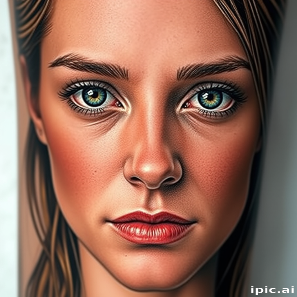 Photorealistic color portrait tattoo named "Timeless Gaze" depicting a lifelike human face with incredible attention to detail in skin texture hair strands and subtle facial features using a soft color palette and advanced shading techniques to create a three-dimensional effect that appears to emerge from the skin with hyper-realistic eyes that seem to follow the viewer