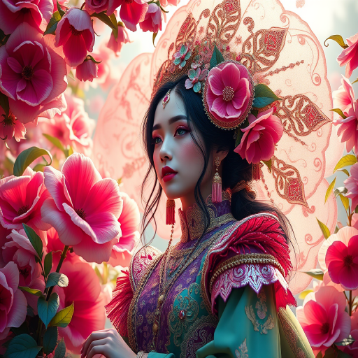 Create an enchanting digital artwork of a woman in a lush, intricate costume surrounded by vibrant flowers and ornate designs, captured with a DSLR camera using a 50mm lens at f/1.8 aperture, ISO 100, and natural lighting for enhanced color depth and detail.