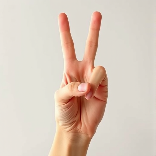 Generate a high-resolution vector illustration of a hand showing a peace sign, captured with a Canon EOS R5, 50mm f/1.2 lens, aperture set to f/2.8, soft diffused lighting, and a slightly overhead angle for depth.