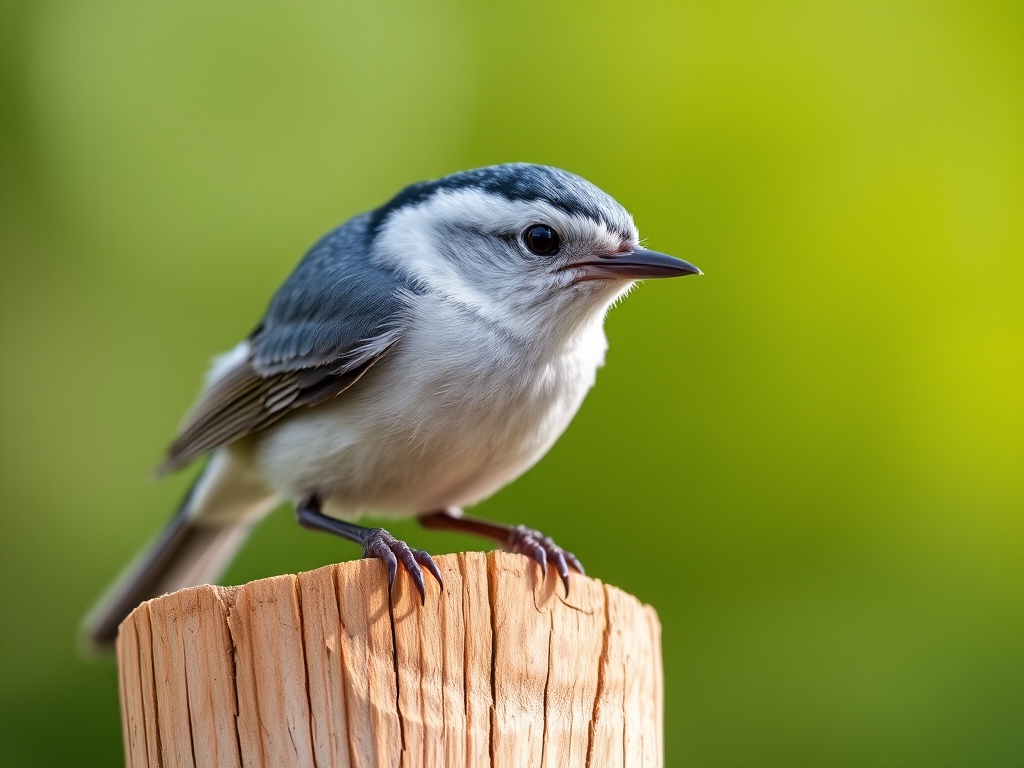 Capture a close-up of a nuthatch perched on a wooden post, using a Canon EOS 90D, 100mm f/2.8 macro lens, aperture at f/4, shutter speed 1/500 sec, ISO 400, with natural lighting for enhanced detail and clarity.