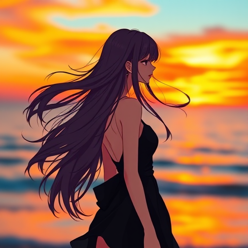 Create an illustration of a girl with long, flowing hair standing by the ocean at sunset, wearing a stylish black dress, vibrant orange and blue tones in the sky, soft bokeh effect in the foreground, shot with a DSLR camera at f/2.8, ISO 100, 50mm lens, capturing a warm and dreamy atmosphere.