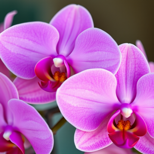 A close-up shot of vibrant pink orchids with intricate details, taken with a macro lens, f-stop 2.8, ISO 100, shutter speed 1/200, natural light, high-resolution DSLR camera.