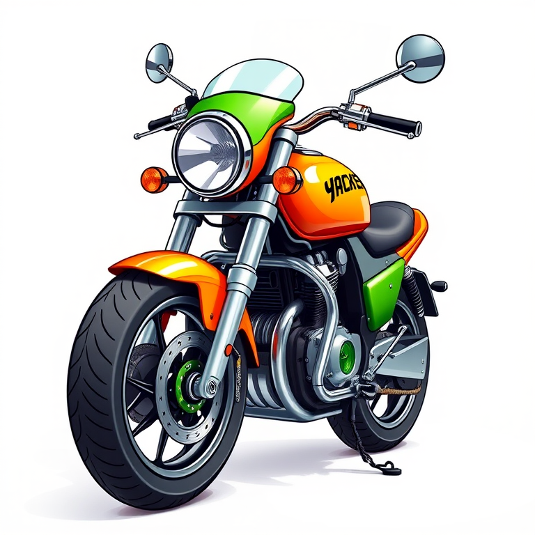Create a vibrant and detailed illustration of a cartoon-style motorcycle with an orange body, green accents, and chrome details, using a DSLR camera with a 50mm lens at f/2.8, in a studio setting with soft lighting and a slight top-down angle for enhanced depth and clarity.