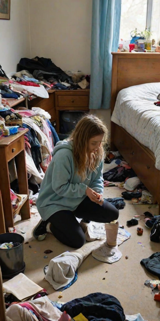 messy, indoors, 1girl, bedroom, bed, messy room, clothing on floor, clutter, kneeling,