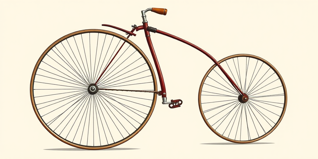 Create a detailed illustration of a vintage penny-farthing bicycle with a large front wheel and smaller rear wheel, featuring intricate spoke designs, set against a soft gradient background, using a DSLR camera with a 50mm lens at f/2.8, ISO 200, 1/125s, shot in clear daylight from a side angle to enhance contrast and detail.