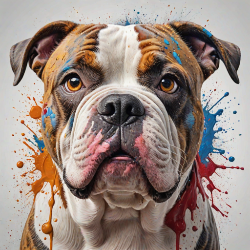 Create a hyper-detailed splash art of an American Bully dog's head on a clean white background. The design should include vibrant color splashes and drips in complementary colors, focusing on the tongue and eyes, expressive features and intricate contours. The dog's expression should be intense, almost roaring, and the overall composition should be different positions, feel fantastic and dynamic, as if a part of a digital fantasy artwork would be rendered in an 8k resolution, inspired by a mix of oil painting techniques and a stylized, epic Instagram aesthetic.