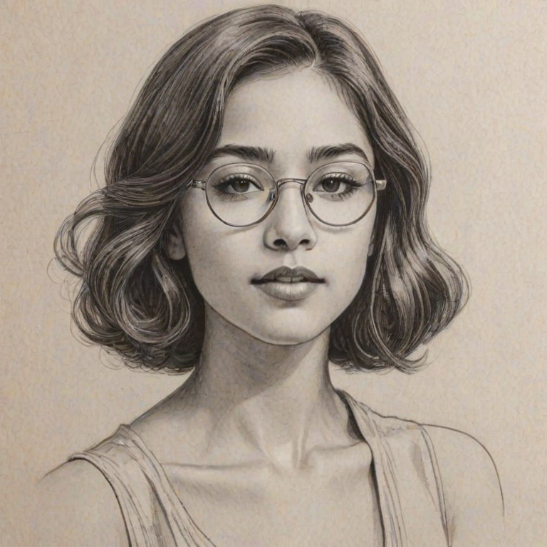Enchanting Seychelle Gabriel, pencil sketch, portrait of Graceful woman 1927s in glasses, hair style beatnik, outline, clear lines, fine lines, 8k