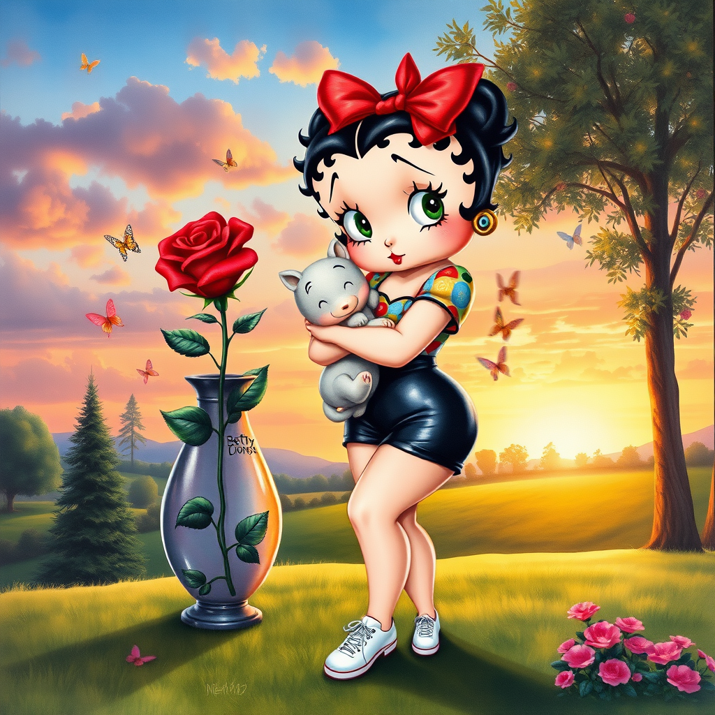 Luxury 3D HD realistic watercolor oil painting. Betty Boop with black hair in two messy buns. Red headband with big bow. He wears black shorts with a colorful t-shirt. White sneakers. She is standing hugging winnie the pooth next to a large vase with a tall red rose, There are trees and butterflies flying. The land with a beautiful lawn. Full body. Background of a sunset