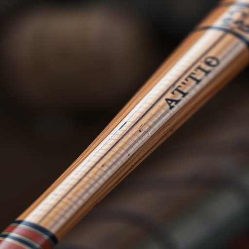 Create a high-resolution image of a baseball bat, shot in a close-up view using a DSLR camera with a 50mm lens, aperture set to f/1.8, ISO 100, and a shallow depth of field to emphasize details and texture.
