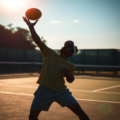 Create a dynamic silhouette of a tennis player serving, captured with a 50mm lens at f/2.8, ISO 100, in natural evening light, using a DSLR camera with a shallow depth of field to emphasize the action and create a soft background blur.