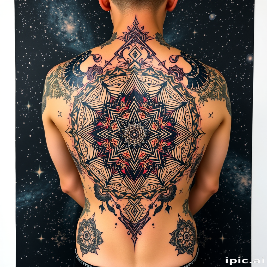 Cosmic sacred geometry tattoo incorporating intricate mandalas and fractal patterns, blending seamlessly with a starry night sky backdrop for a mesmerizing full-back masterpiece