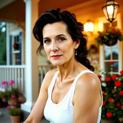 A photo of Glenn Close with a background of a cozy porch. She has dark hair pulled back in an updo, with tendrils framing her face. She wears a white tank top and sits on the porch. The porch is part of a well-lit home with a warm, earthy tone and colorful flowers and foliage. The overall scene has a warm, welcoming, and comfortable ambiance.