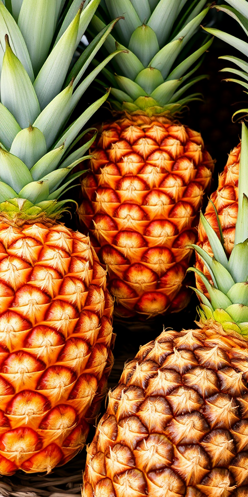 a close-up of multiple fresh pineapples with green leaves, emphasizing their textured skin and vibrant colors, on a natural background