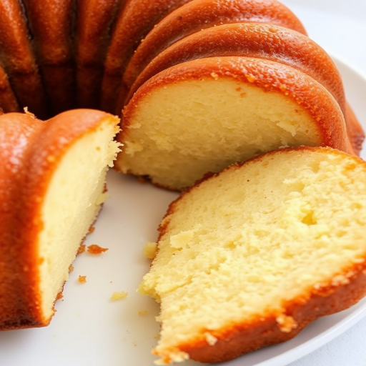 A close-up view of a freshly baked bundt cake with a golden brown crust and a soft, fluffy interior showing a slice cut out revealing its texture and color on a white plate