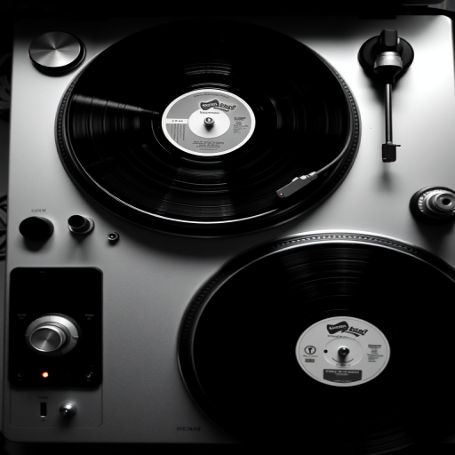 Regenerate an abstract black and white image of a turntable setup with two vinyl records, viewed from a top-down perspective, using a DSLR camera with a 50mm lens, aperture f/1.8, ISO 100, and a shallow depth of field to enhance clarity and detail.