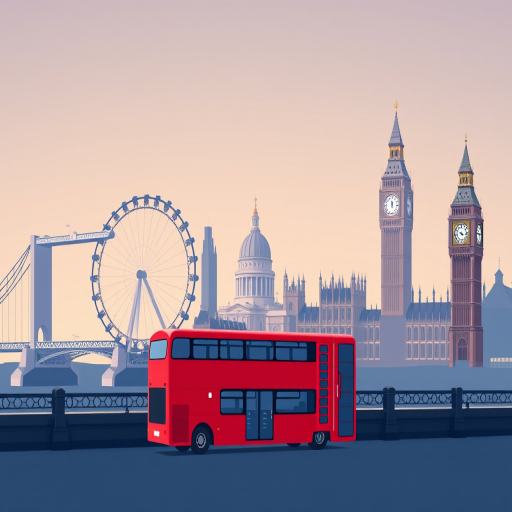 Create a vector art illustration of iconic London landmarks including the Tower Bridge, London Eye, St. Paul's Cathedral, Big Ben, and a red telephone box along with a red double-decker bus, designed with a minimalist style and smooth color gradients, using a Canon EOS 5D Mark IV with a 50mm lens, f/8 aperture, ISO 100, and a focused depth of field for clarity.