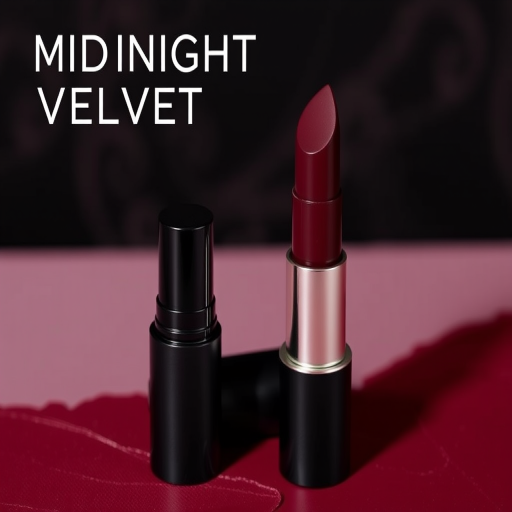 Deep burgundy matte lipstick called "Midnight Velvet," boasting a rich, velvety texture and long-lasting formula for elegant evening wear