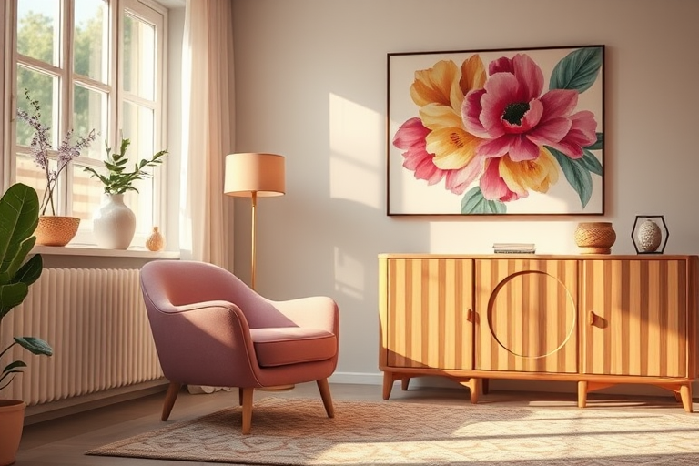 interior design of a modern living room featuring a plush pink armchair and a wooden cabinet with a circular door, a vibrant floral painting on the wall, natural light illuminating the space, captured with a DSLR camera at f/2.8, ISO 100, 24mm lens, soft focus background, warm color tones