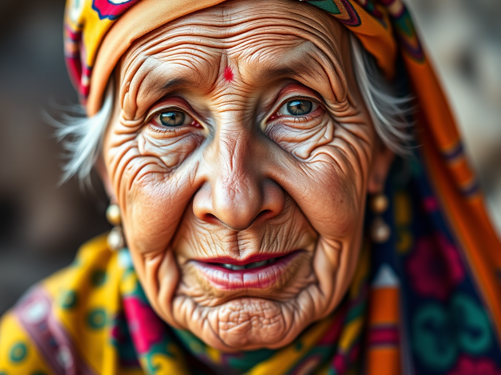 Generate a close-up portrait of an elderly woman wearing traditional colorful attire and a vibrant headscarf, with detailed texture and vibrant colors, using a DSLR camera with a 50mm lens, aperture set to f/2.8 for shallow depth of field, ISO 200 for minimal noise, and natural lighting to enhance facial features and expressions.