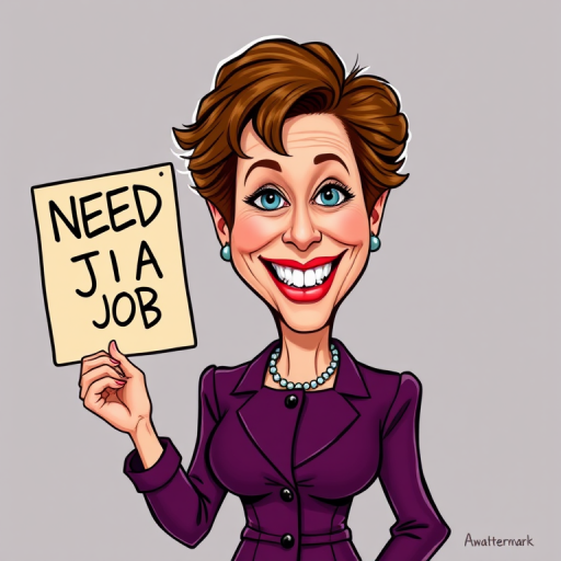 caricature of a smiling Annette Bening in a Plum dress or suit, holding up a sign that says "NEED A JOB", no watermark,