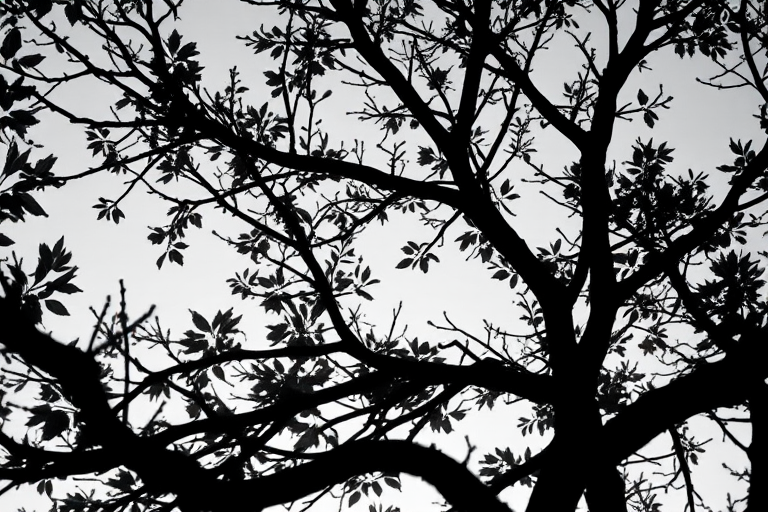 Create a high-resolution black and white silhouette of a tree with intricate branches and leaves, captured with a Canon EOS R5 at f/8, ISO 100, 1/250s, with a 50mm lens using a shallow depth of field from a low angle view against a clear sky background.