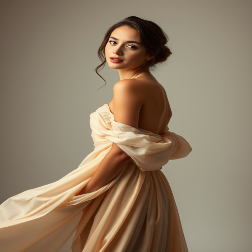 portrait of a woman in a flowing gown with soft lighting and a neutral background, shot with a Canon EOS R5, 50mm lens, aperture f/1.8, ISO 100, soft focus, studio lighting for enhanced texture and color depth