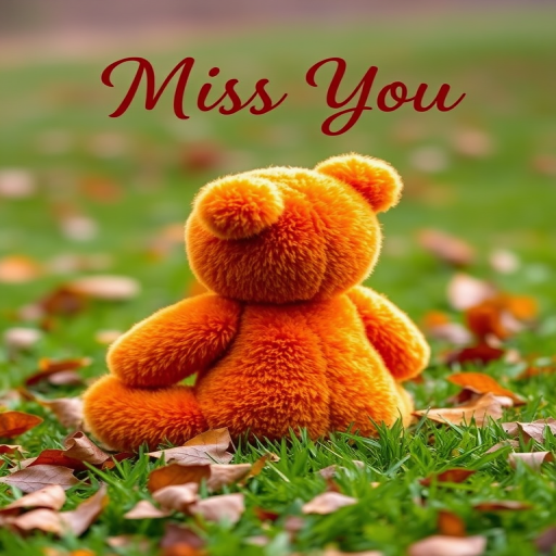 a cute orange teddy bear sitting on a grassy field surrounded by leaves, looking back with the text "Miss You" artistically styled above it